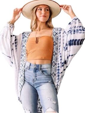 Willow Blue and White Tie-Dye Open Front Kimono